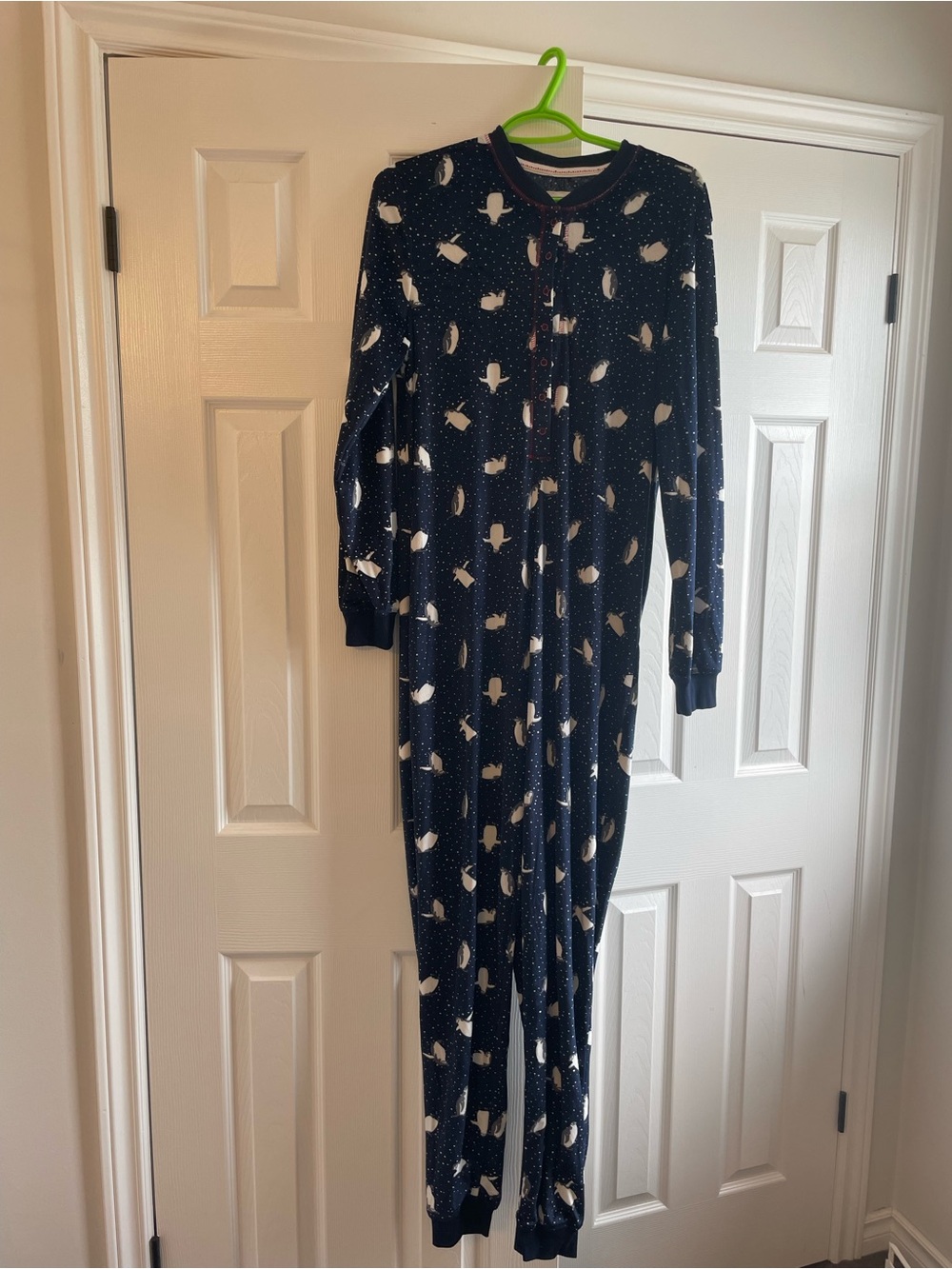Women’s Navy Blue One-Piece Pajama Jumpsuit with Penguin Print